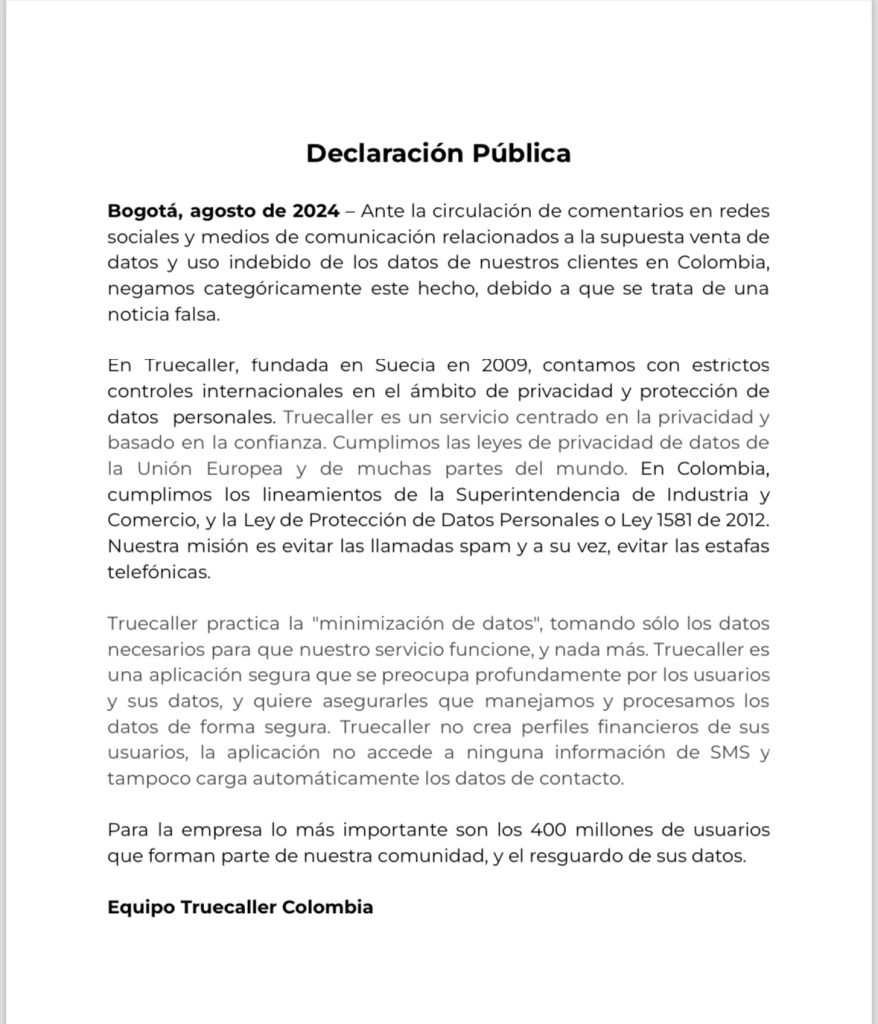 Comunicado Truecaller