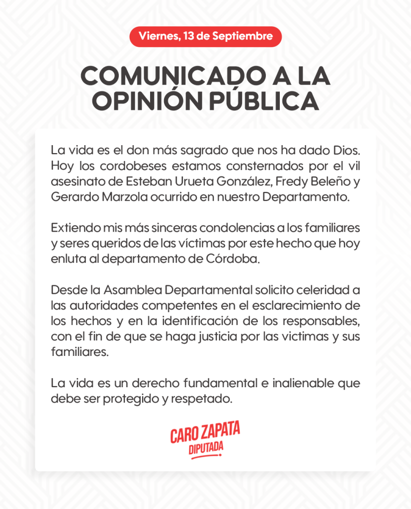 Comunicado Carolina Zapata caso Esteban Urueta