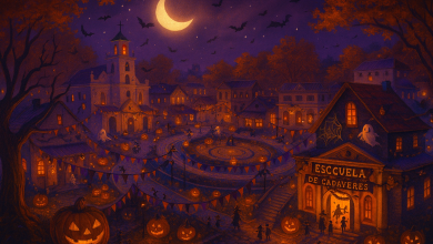 El Pueblito Cordobés ambientado como un escenario de Halloween, con luces, calabazas y decoración festiva. I