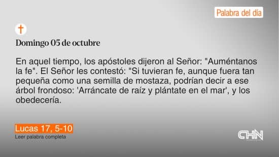En aquel tiempo, los apóstoles dijeron al Señor: "Auméntanos la fe". El Señor les contestó: "Si tuvieran fe, aunque fuera tan pequeña como una semilla de mostaza, podrían decir a ese árbol frondoso: 'Arráncate de raíz y plántate en el mar', y los obedecería.