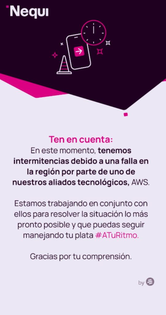 Bancolombia y Nequi presentan fallas este lunes 20 de octubre por una caída global en los servicios de Amazon Web Services (AWS) que afectó a miles de plataformas en todo el mundo.